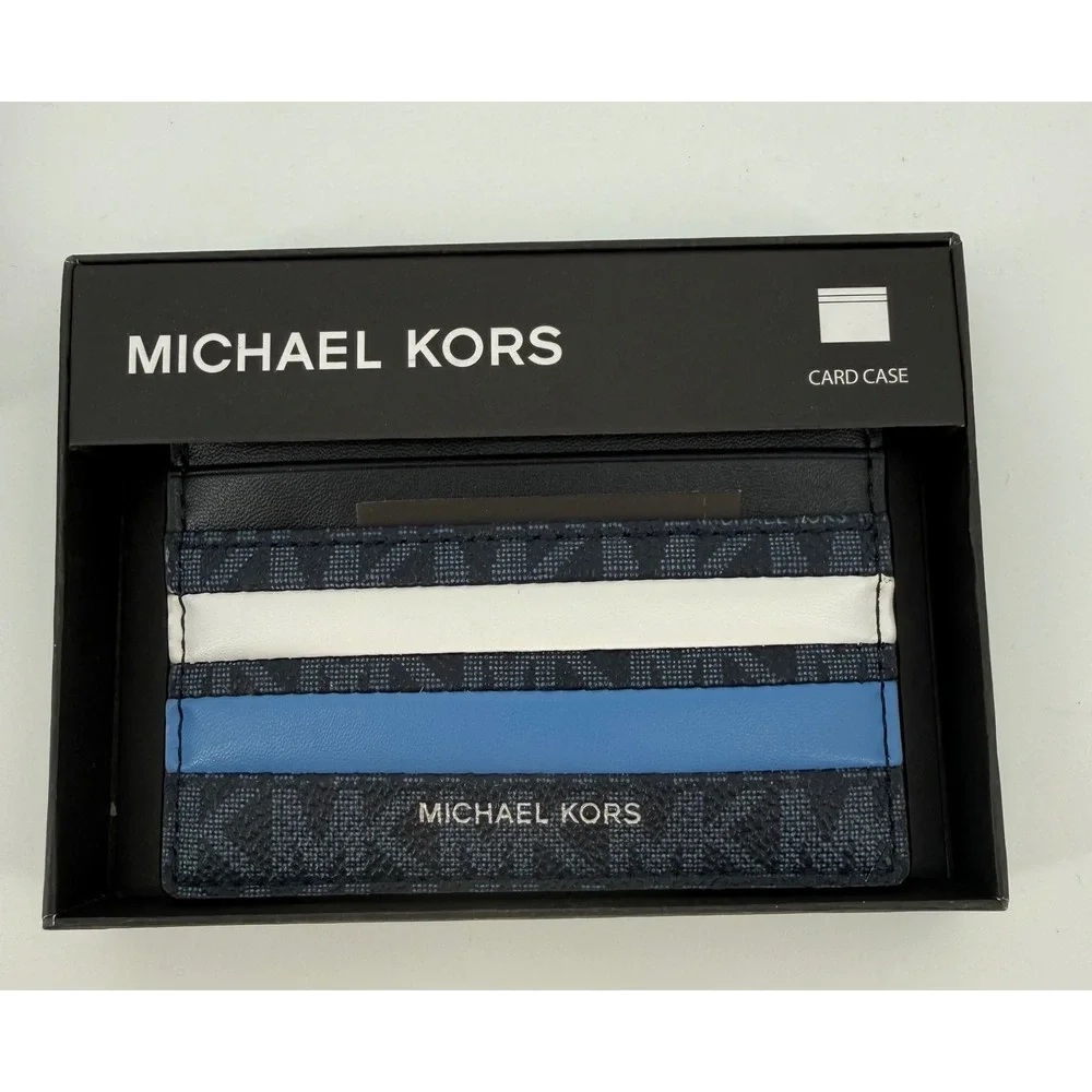 Michael Kors Malone Card Case Blue Multi Signature Logo Stripe Slim Wallet NEW